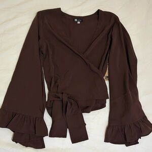 Silk chocolate Brown Wrap Blouse with Ruffle Sleeves